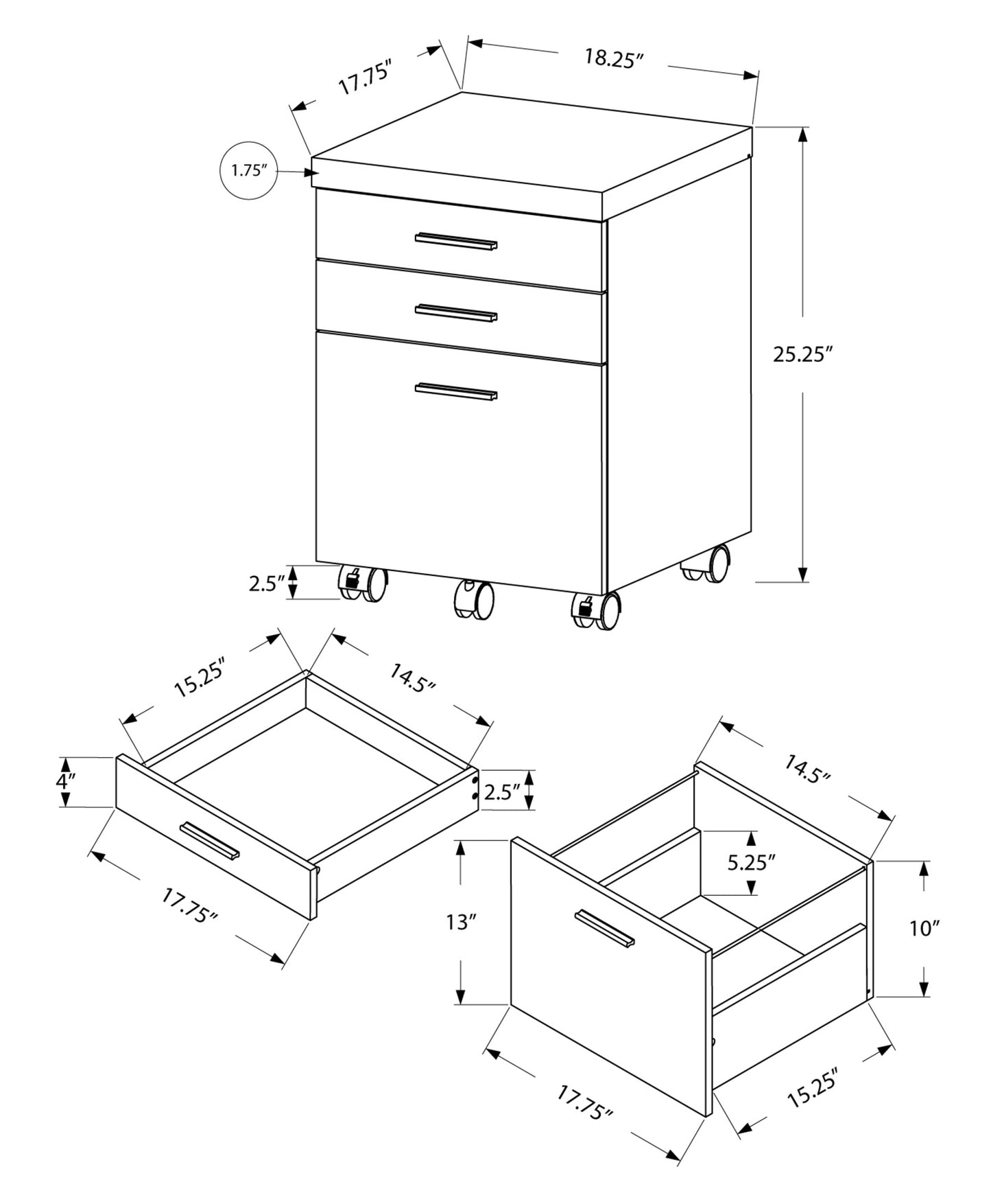 17.75" x 18.25" x 25.25" Dark Taupe Black Particle Board 3 Drawers  Filing Cabinet