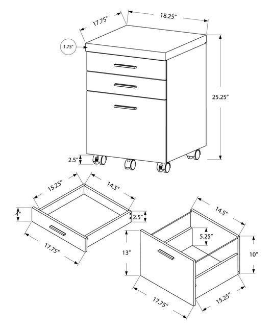 17.75" x 18.25" x 25.25" Dark Taupe Black Particle Board 3 Drawers  Filing Cabinet