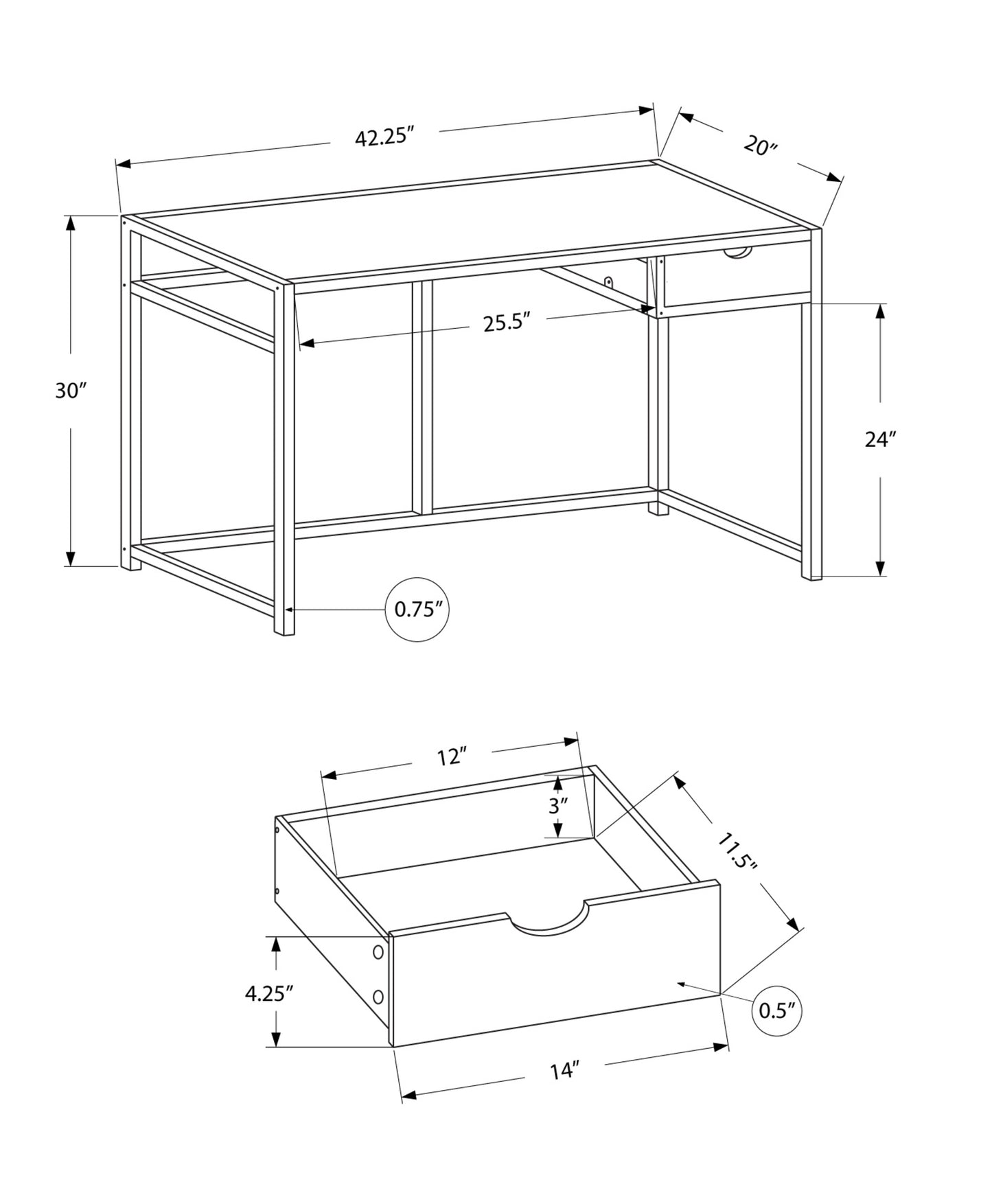 20" Black Rectangular Computer Desk