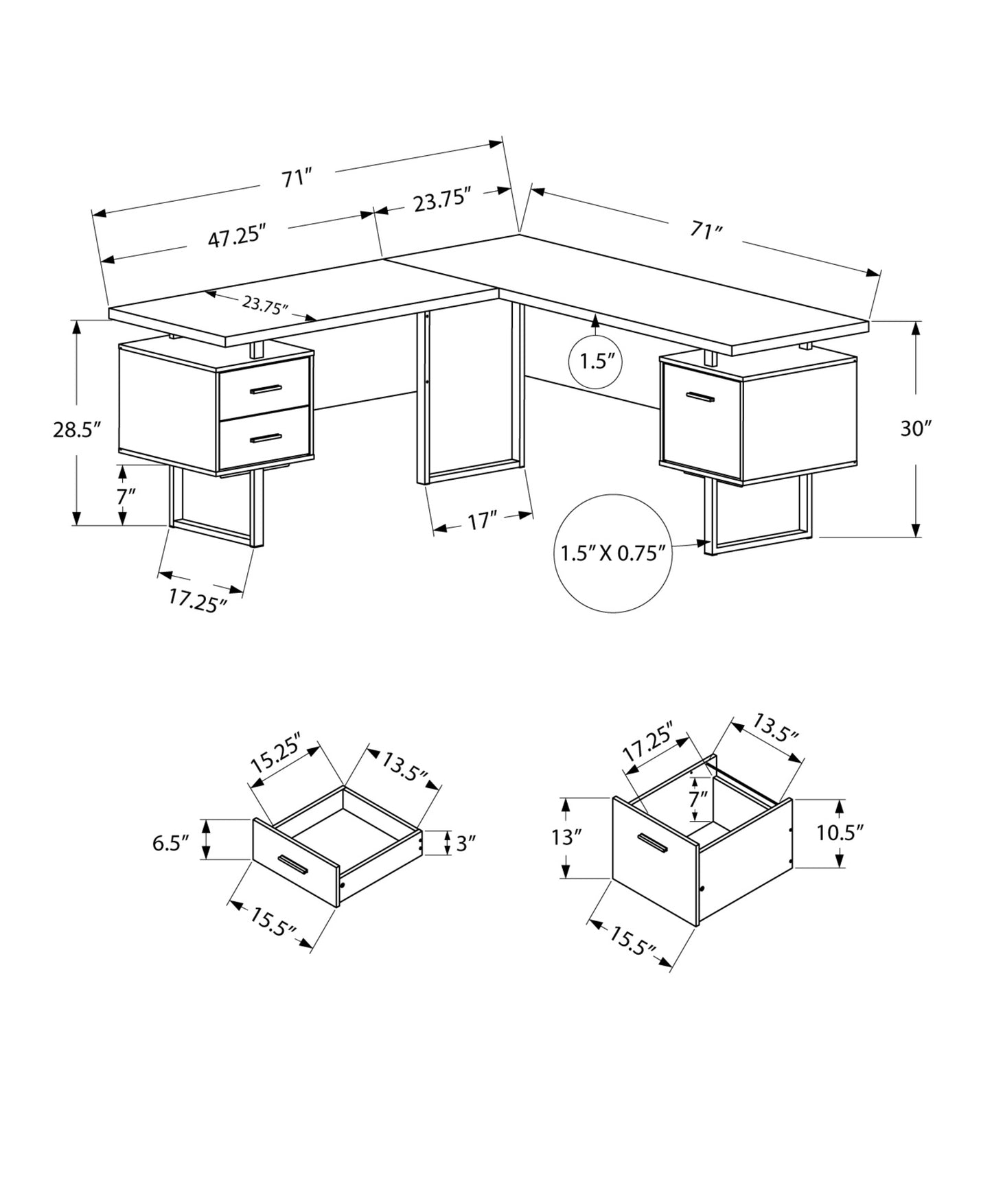 71" Brown L-Shape Computer Desk With Three Drawers