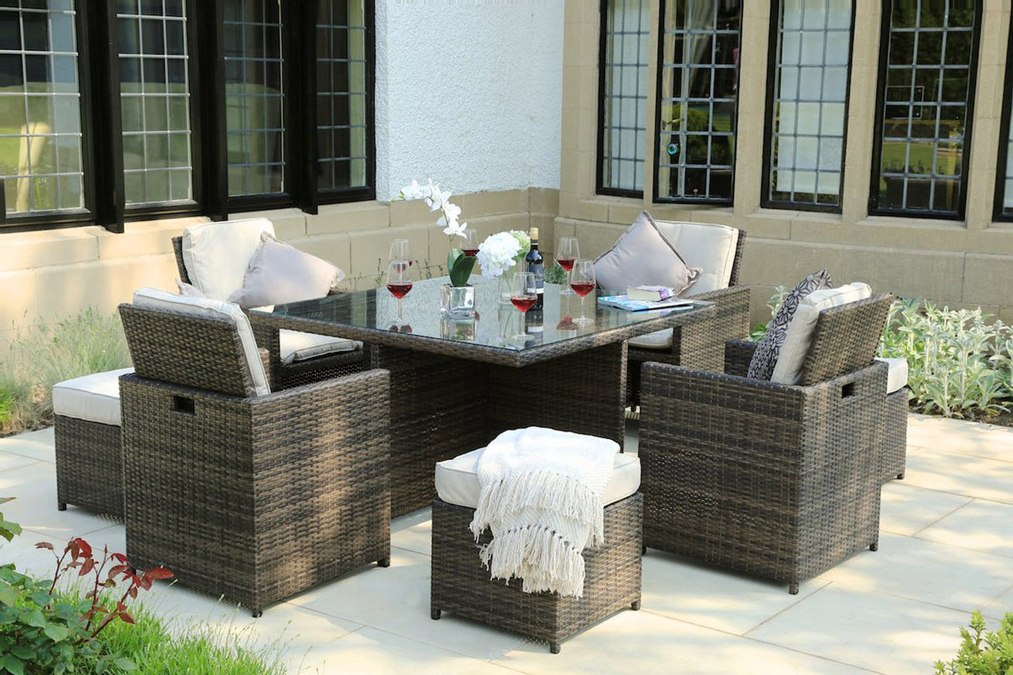 101" X 49" X 45" Brown 9Piece Square Outdoor Dining Set with Beige Cushions