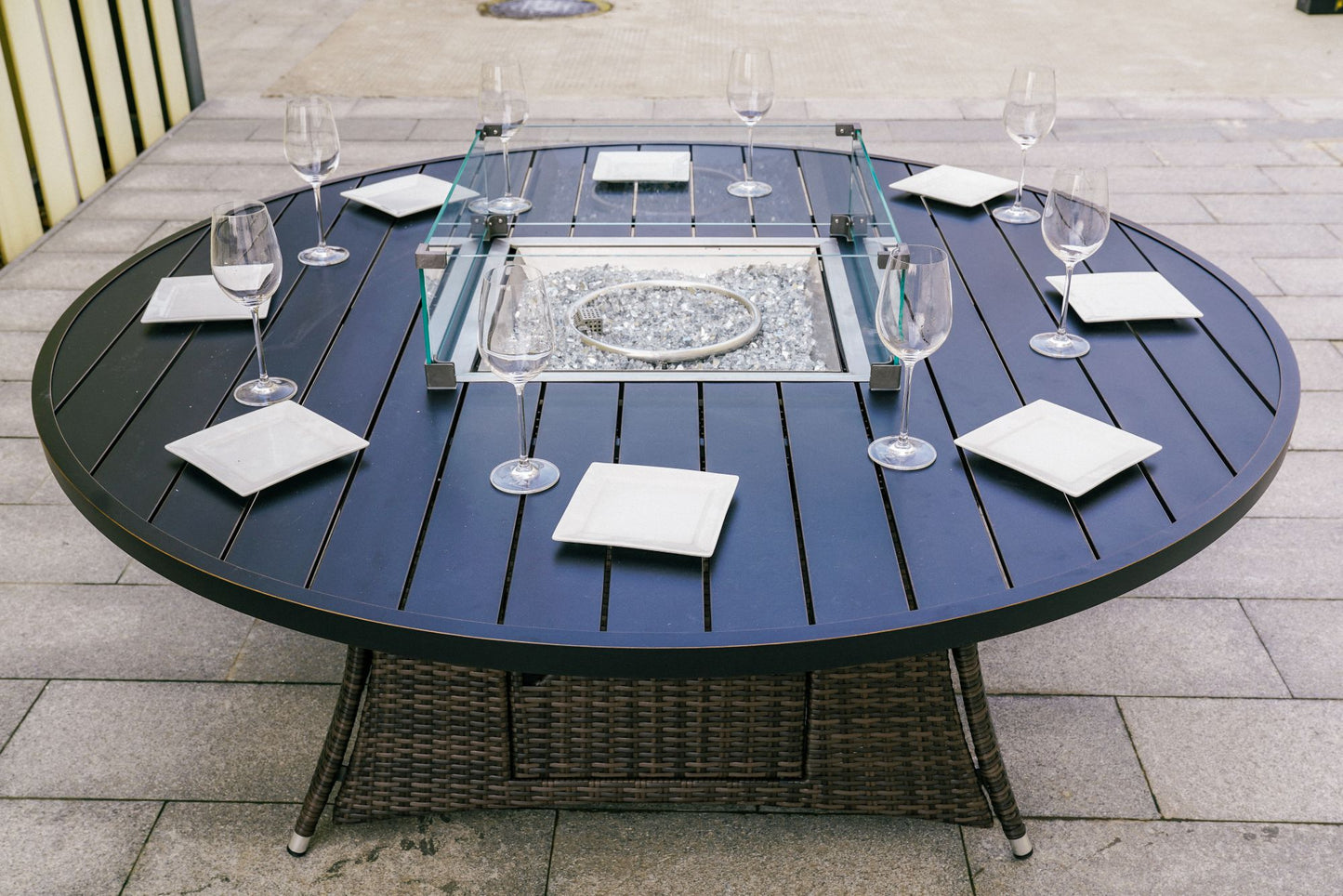 Brown Round Outdoor Gas Fir Pit Table With Chairs