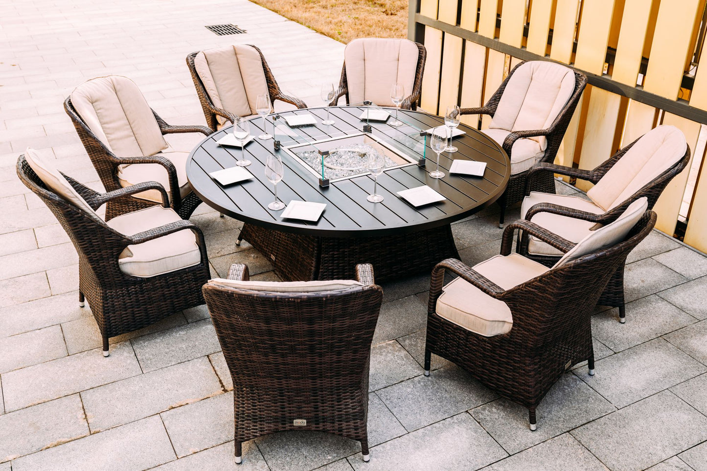 Brown Round Outdoor Gas Fir Pit Table With Chairs