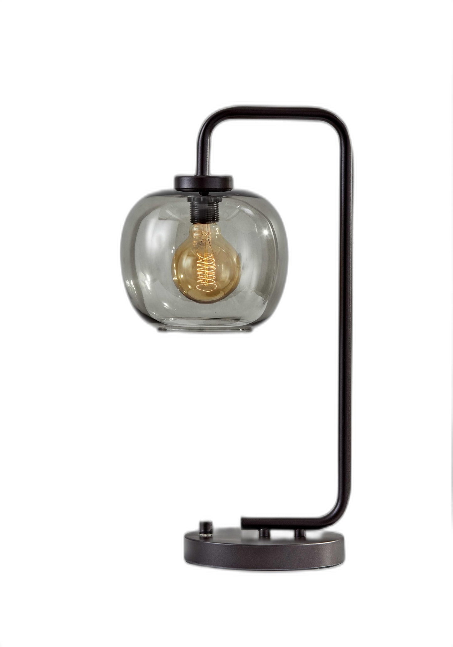 Smoked Glass Globe Shade with Vintage Edison Bulb and Matte Black Metal Arc Table Lamp