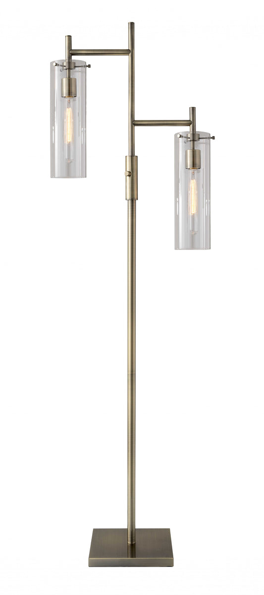 Two Light Modern Floor Lamp Clear Glass Cylinder Shade with Vintage Filament Bulb Antique Brass Metal Pole