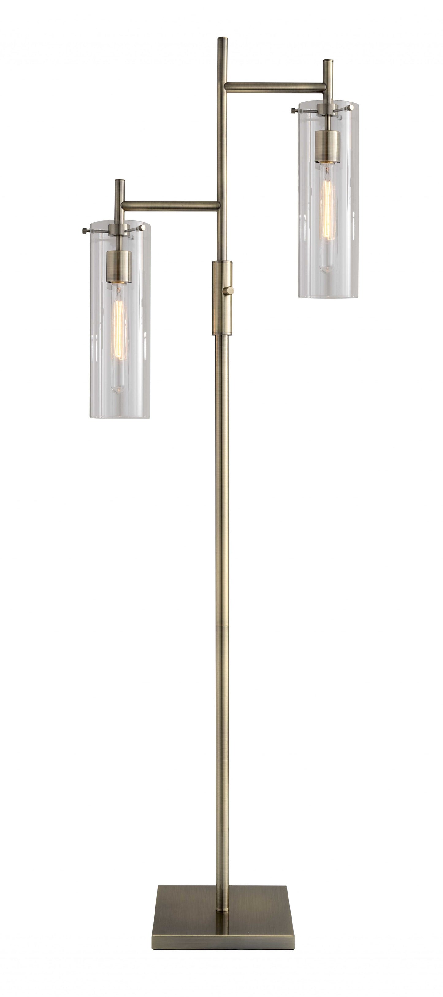 Two Light Modern Floor Lamp Clear Glass Cylinder Shade with Vintage Filament Bulb Antique Brass Metal Pole