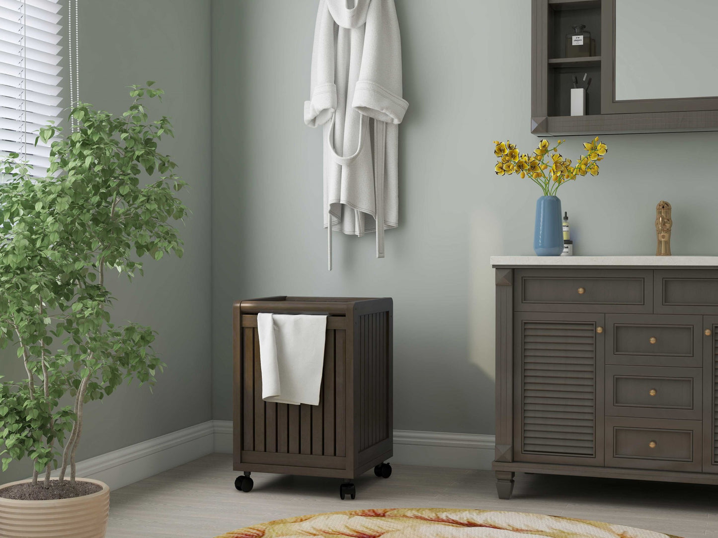 Espresso Solid Wood Rolling Laundry Hamper with Lid